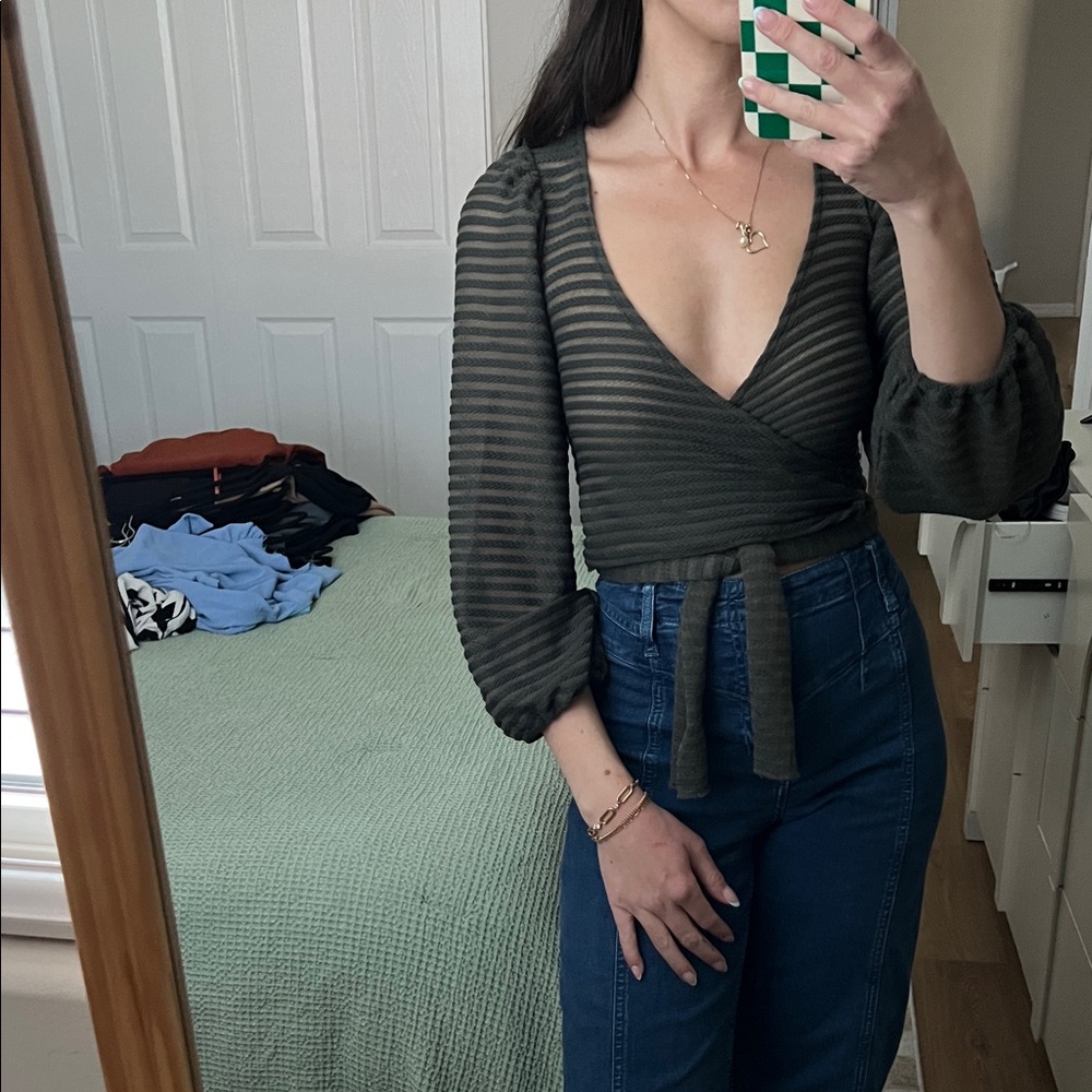 Striped V-Neck Wrap Top - green